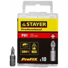 Биты STAYER ″PROFESSIONAL″ ProFix Phillips, тип хвостовика C 1/4″, № 1, L=25мм, 10шт